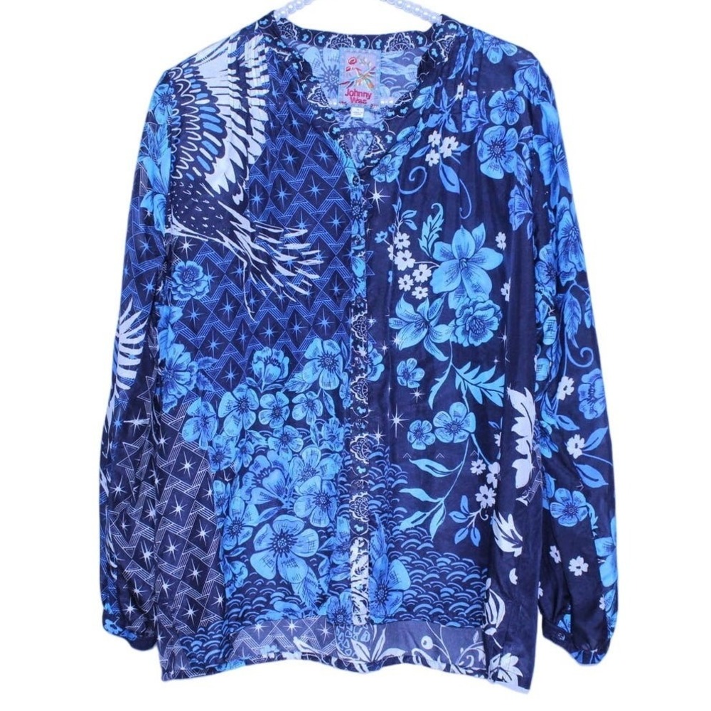 Johnny Was Tate Button Down Printed 100% Silk Blouse SZ S
